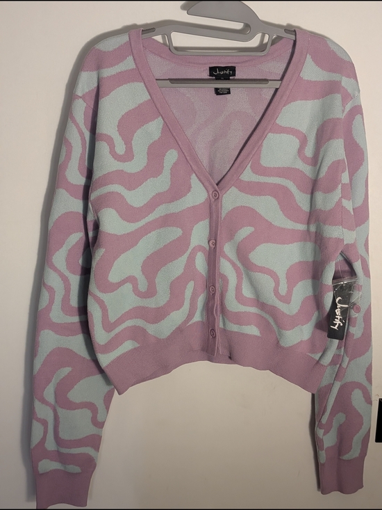 Justify Sweaters - Justify Wavy Abstract Cropped Cardigan Sweater Pastel Purple Mint Green Size XL